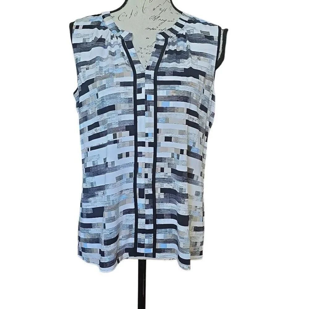 Calvin Klein Women's Size Large White Black Blue Geo Print Tank Blouse